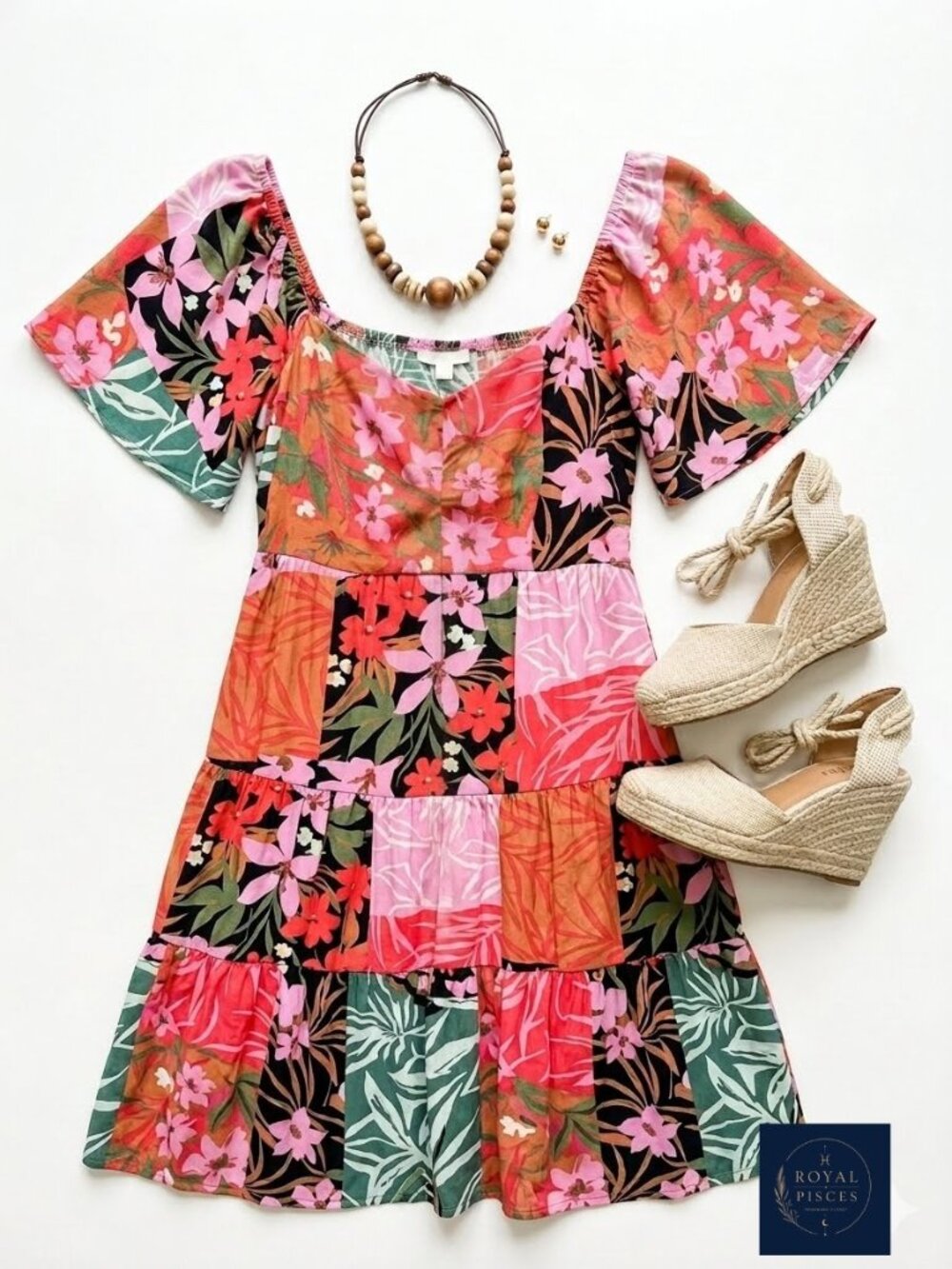 Floral Patchwork Tiered Mini Dress
